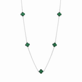 9ct White Gold Malachite Bloom Four Leaf Clover Ball Edge Necklace