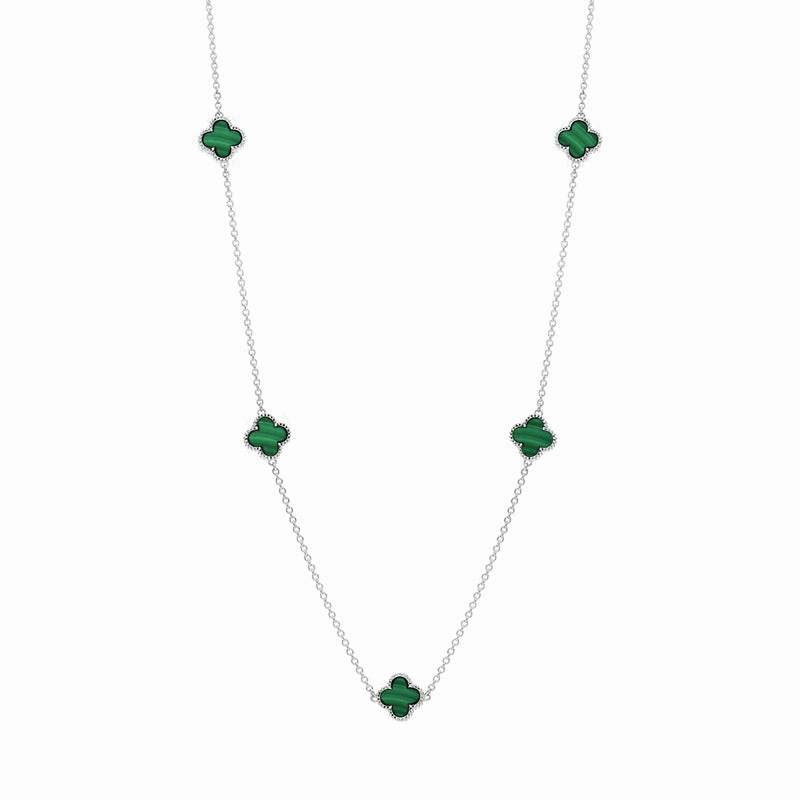 9ct White Gold Malachite Bloom Four Leaf Clover Ball Edge Necklace