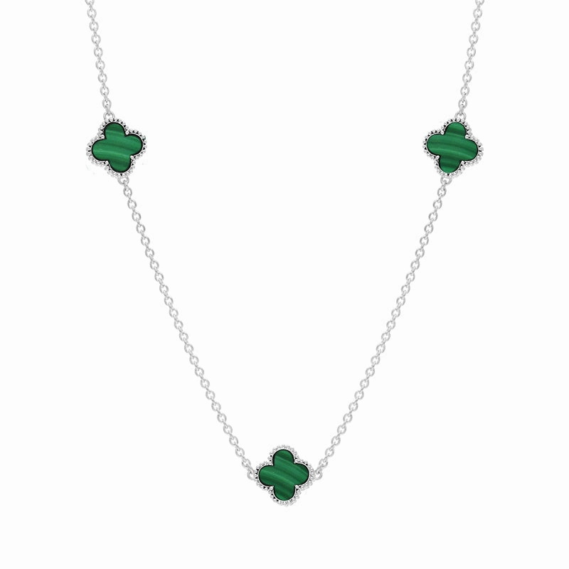 9ct White Gold Malachite Bloom Four Leaf Clover Ball Edge Necklace