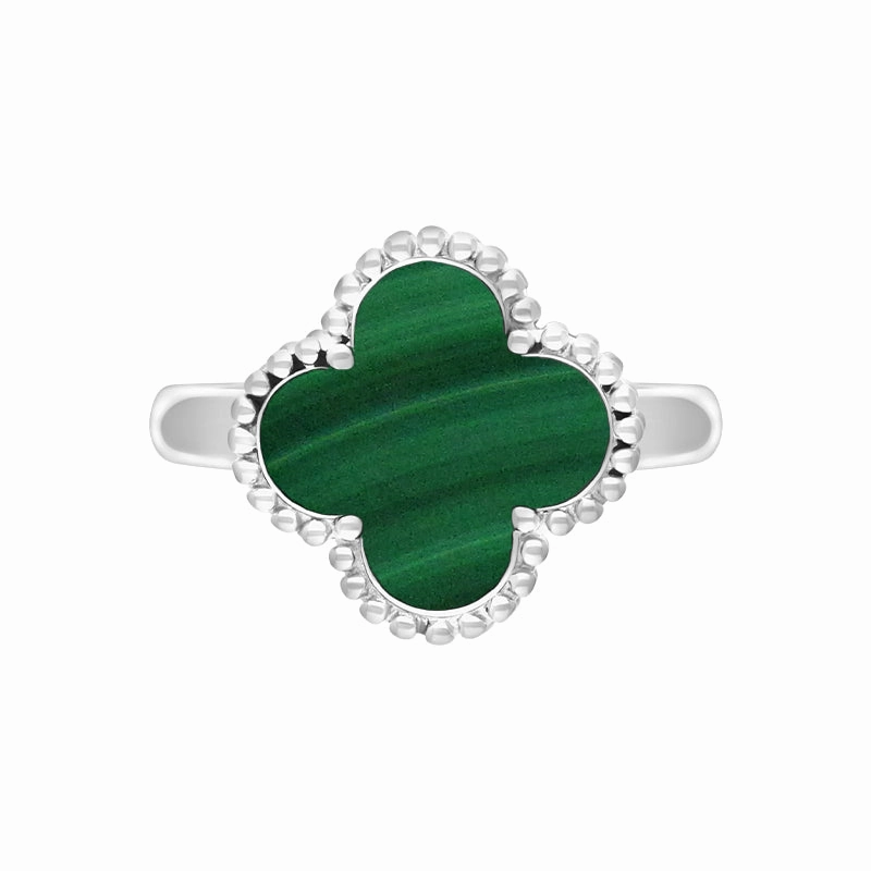9ct White Gold Malachite Bloom Four Leaf Clover Ball Edge Ring