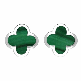9ct White Gold Malachite Bloom Four Leaf Clover Stud Earrings
