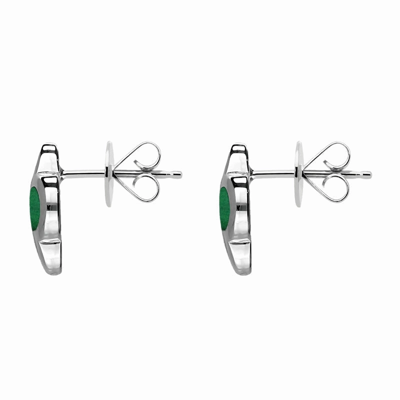 9ct White Gold Malachite Bloom Four Leaf Clover Stud Earrings