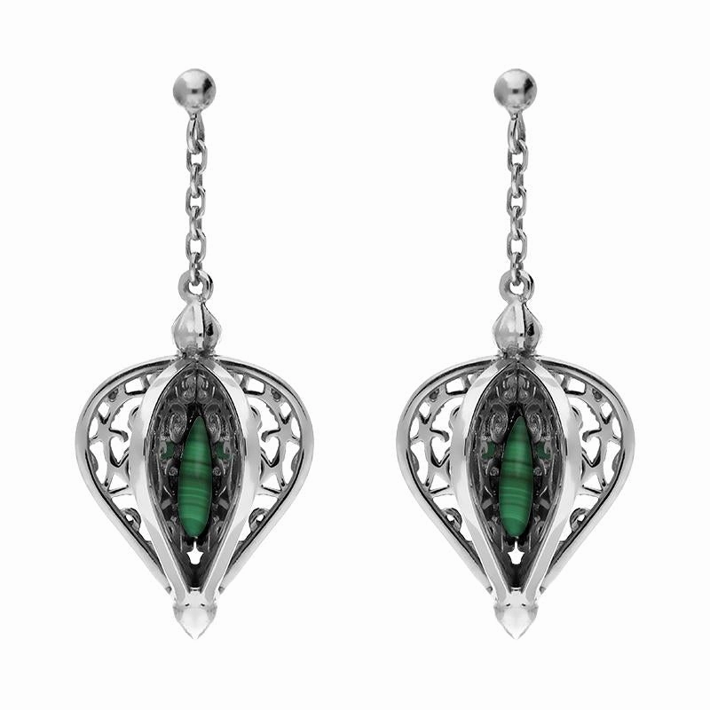 9ct White Gold Malachite Flore Filigree Drop Earrings