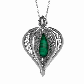 9ct White Gold Malachite Flore Filigree Droplet Necklace
