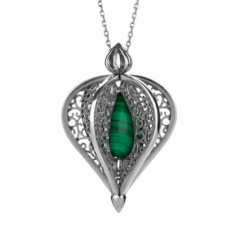 9ct White Gold Malachite Flore Filigree Droplet Necklace