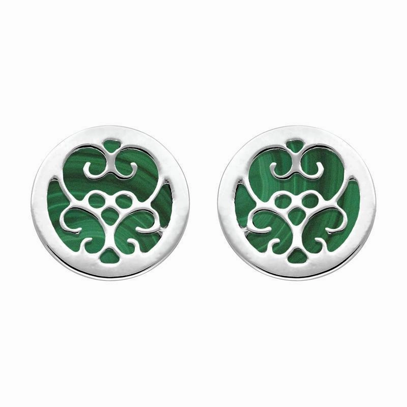 9ct White Gold Malachite Flore Filigree Stud Earrings