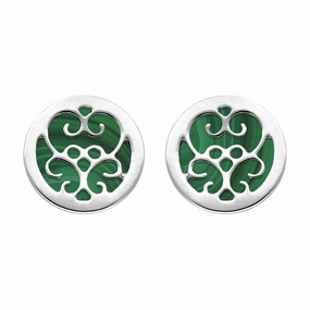 9ct White Gold Malachite Flore Filigree Stud Earrings