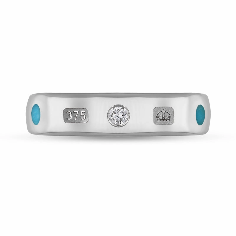 9ct White Gold Turquoise 0.08ct Diamond Queen's Jubilee Hallmark 5mm Ring D
