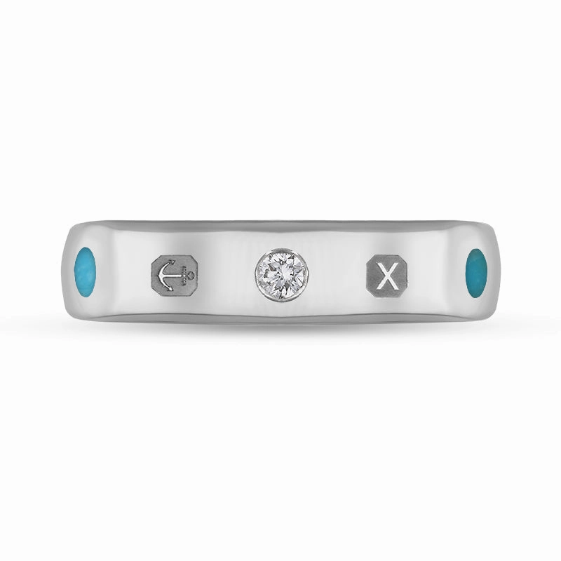 9ct White Gold Turquoise 0.08ct Diamond Queen's Jubilee Hallmark 5mm Ring D
