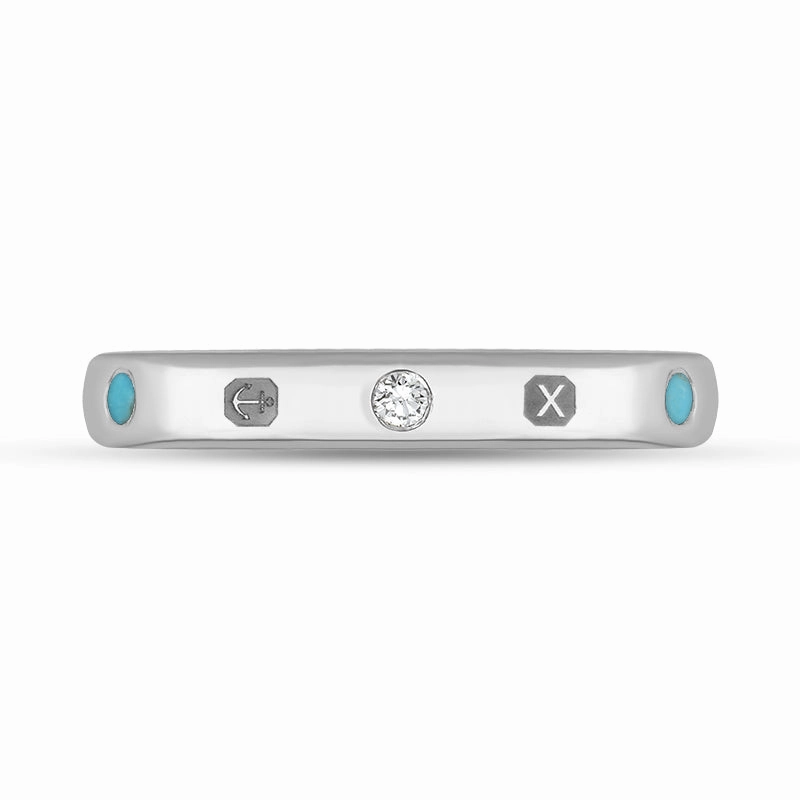 9ct White Gold Turquoise 0.09ct Diamond Queen's Jubilee Hallmark 6mm Ring D