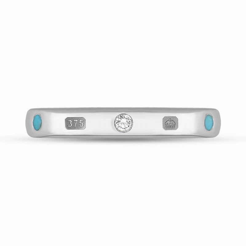 9ct White Gold Turquoise 0.09ct Diamond Queen's Jubilee Hallmark 6mm Ring D