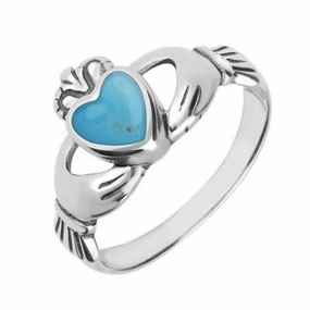 9ct White Gold Turquoise Claddagh Set Ring