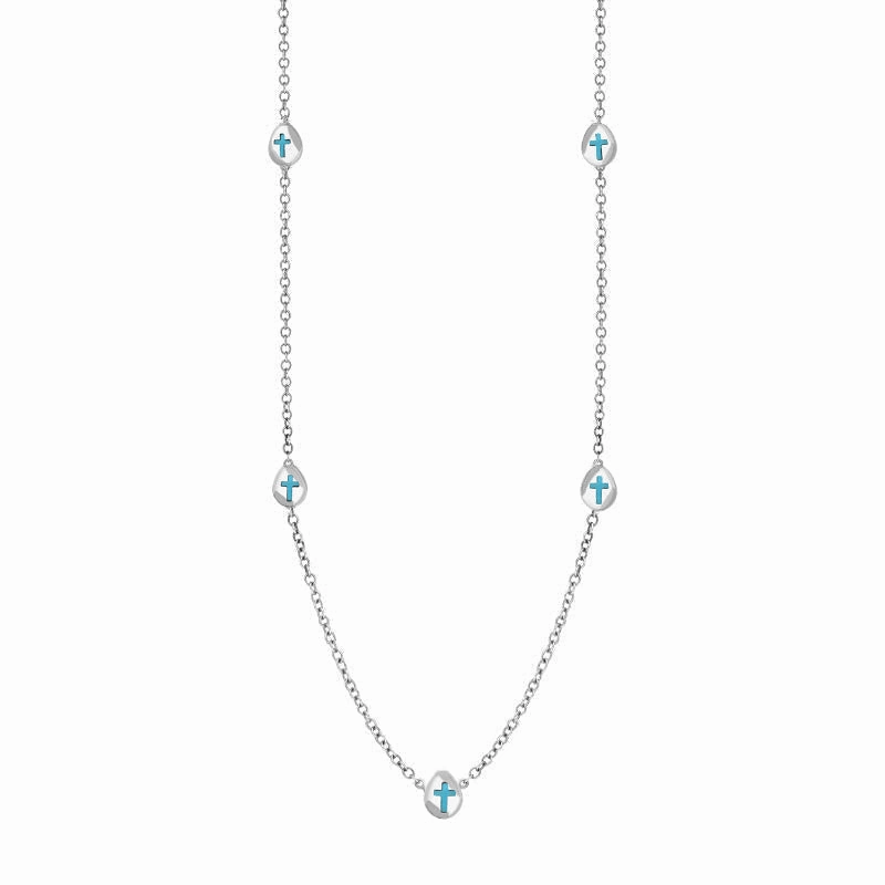9ct White Gold Turquoise Cross Link Disc Chain Necklace