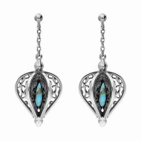 9ct White Gold Turquoise Flore Filigree Drop Earrings