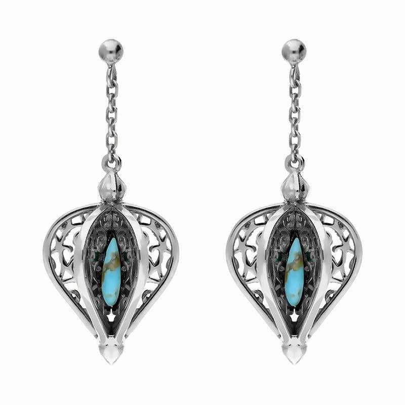 9ct White Gold Turquoise Flore Filigree Drop Earrings