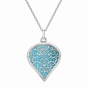 9ct White Gold Turquoise Flore Filigree Large Heart Necklace