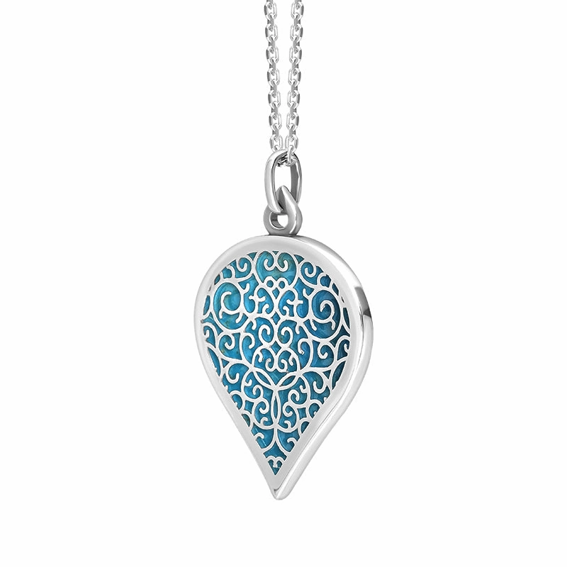 9ct White Gold Turquoise Flore Filigree Large Heart Necklace