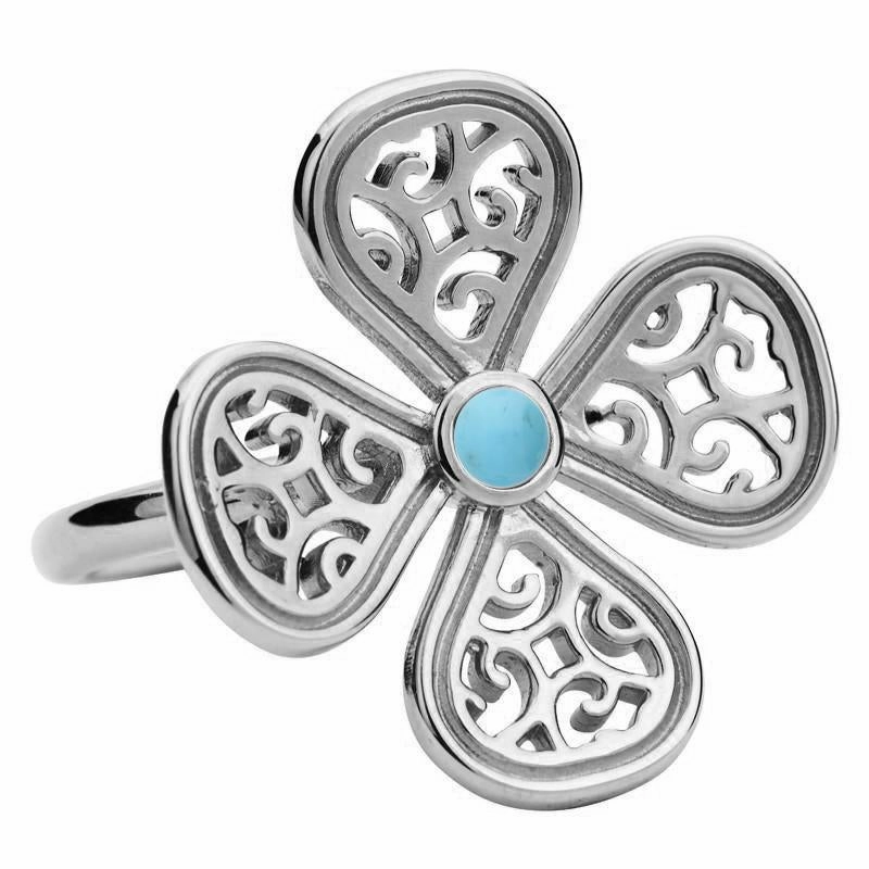 9ct White Gold Turquoise Flore Four Petal Filigree Ring