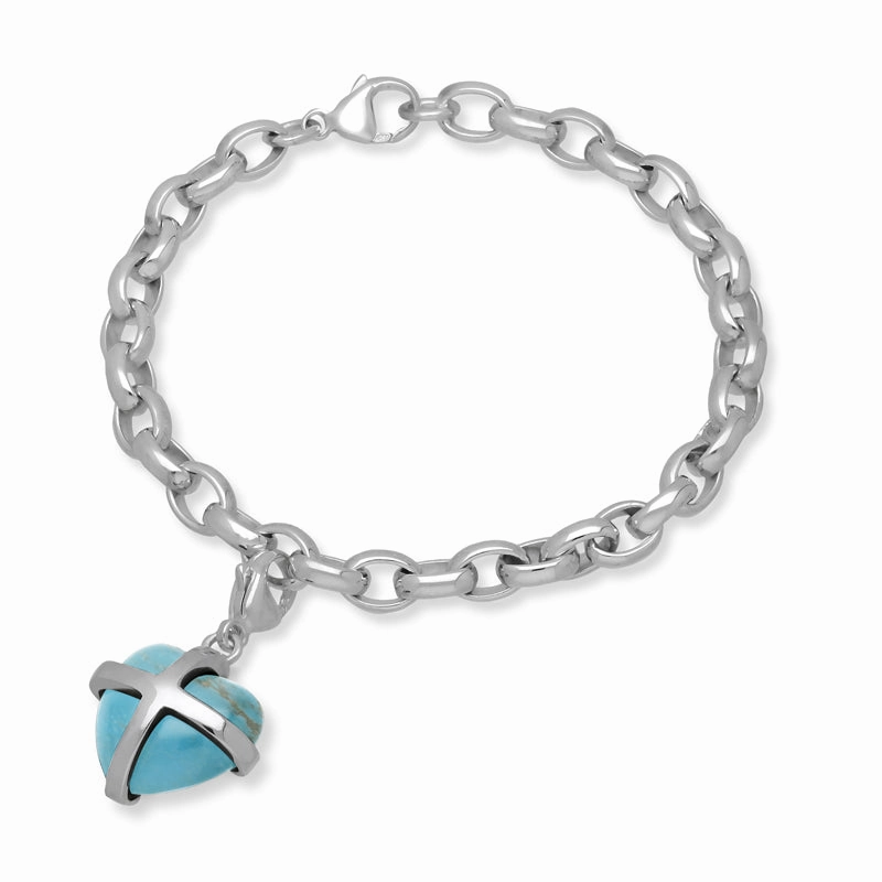 9ct White Gold Turquoise Medium Cross Heart Charm Bracelet
