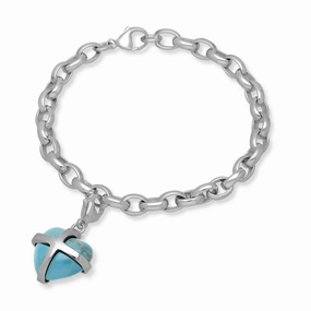 9ct White Gold Turquoise Medium Cross Heart Charm Bracelet