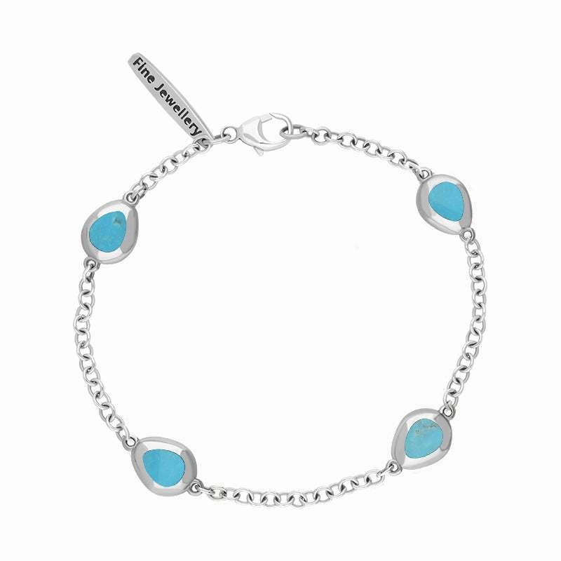 9ct White Gold Turquoise Oval Cross Detail Four Stone Bracelet