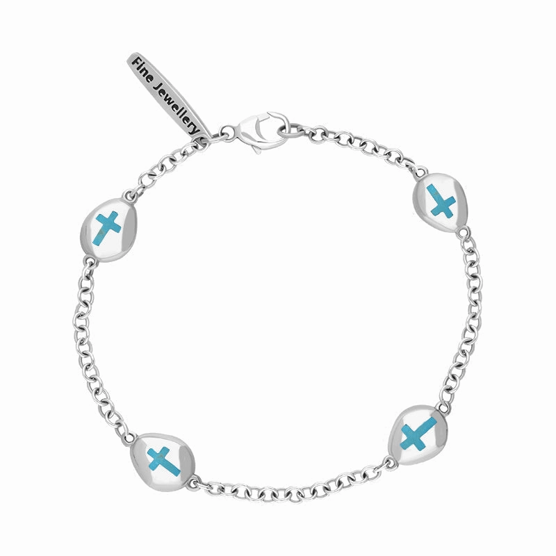 9ct White Gold Turquoise Oval Cross Detail Four Stone Bracelet