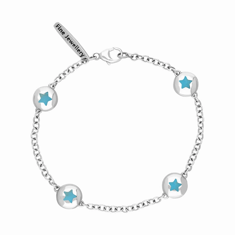 9ct White Gold Turquoise Oval Star Detail Four Stone Bracelet