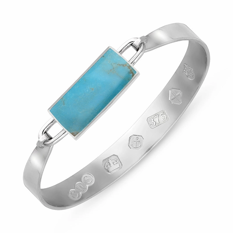9ct White Gold Turquoise Queen's Jubilee Hallmark Wide Oblong Bangle D