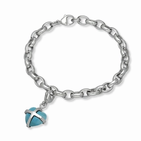 9ct White Gold Turquoise Small Cross Heart Charm Bracelet