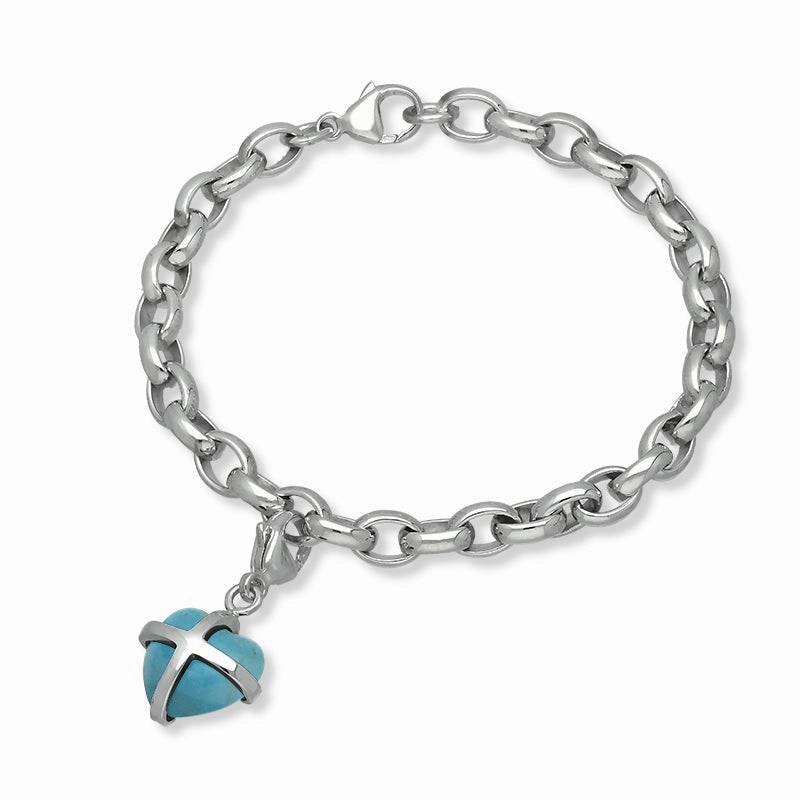 9ct White Gold Turquoise Small Cross Heart Charm Bracelet