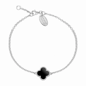 9ct White Gold Whitby Jet Bloom Four Leaf Clover Ball Edge Chain Bracelet
