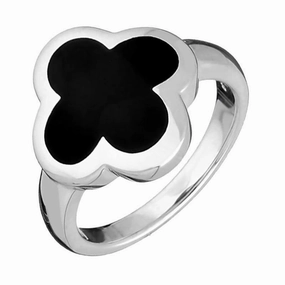 9ct White Gold Whitby Jet Bloom Four Leaf Clover Ring