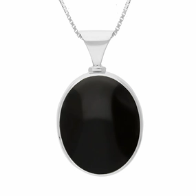 9ct White Gold Whitby Jet Blue John King's Coronation Hallmark Double Sided Oval Necklace D