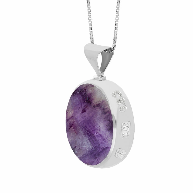 9ct White Gold Whitby Jet Blue John King's Coronation Hallmark Double Sided Round Necklace D