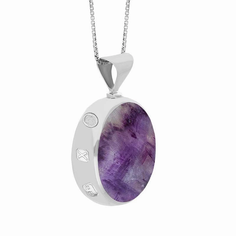 9ct White Gold Whitby Jet Blue John King's Coronation Hallmark Double Sided Round Necklace D