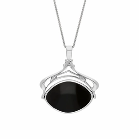 9ct White Gold Whitby Jet Blue John Marquise Swivel Fob Necklace