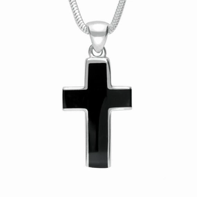 9ct White Gold Whitby Jet Channel Set Cross Necklace