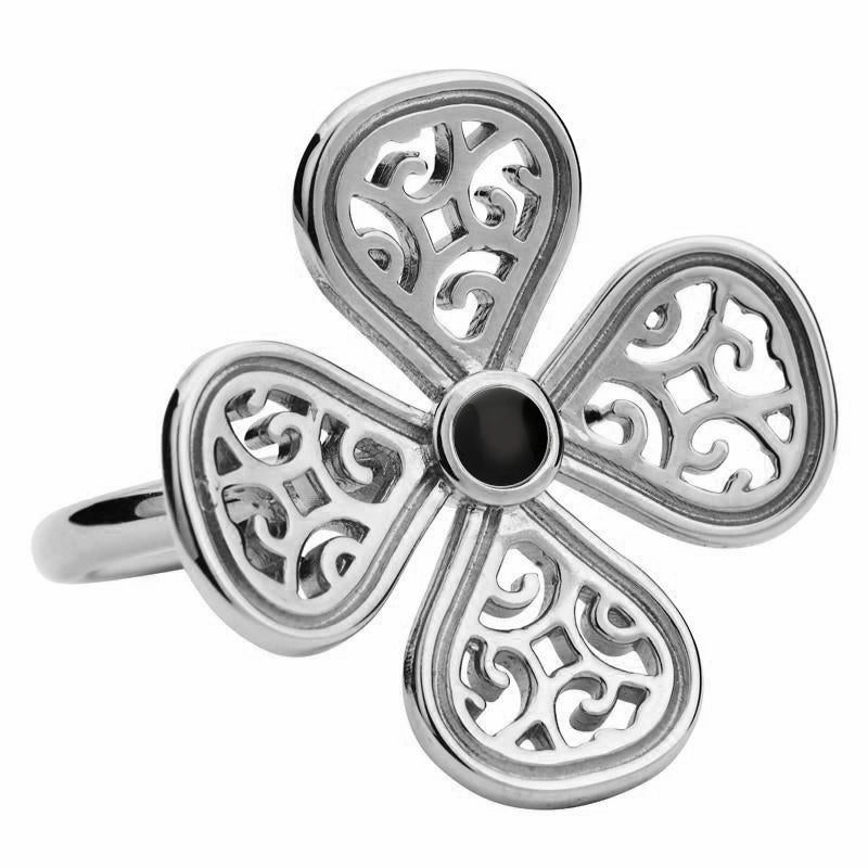 9ct White Gold Whitby Jet Flore Four Petal Filigree Ring