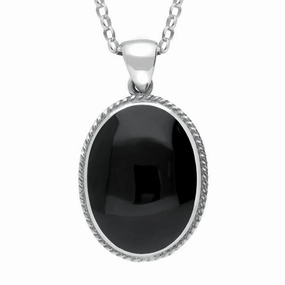 9ct White Gold Whitby Jet Heritage Rope Edge Large Oval Pendant