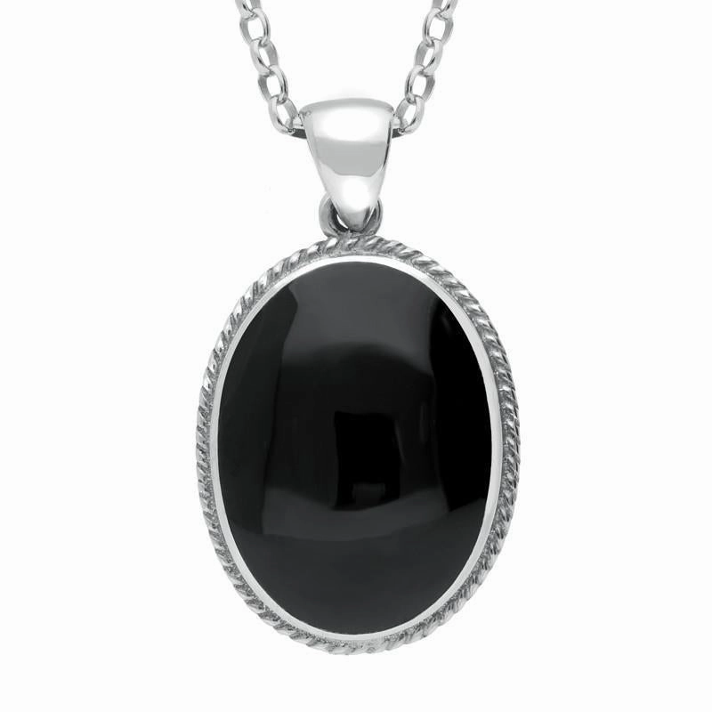 9ct White Gold Whitby Jet Heritage Rope Edge Large Oval Pendant