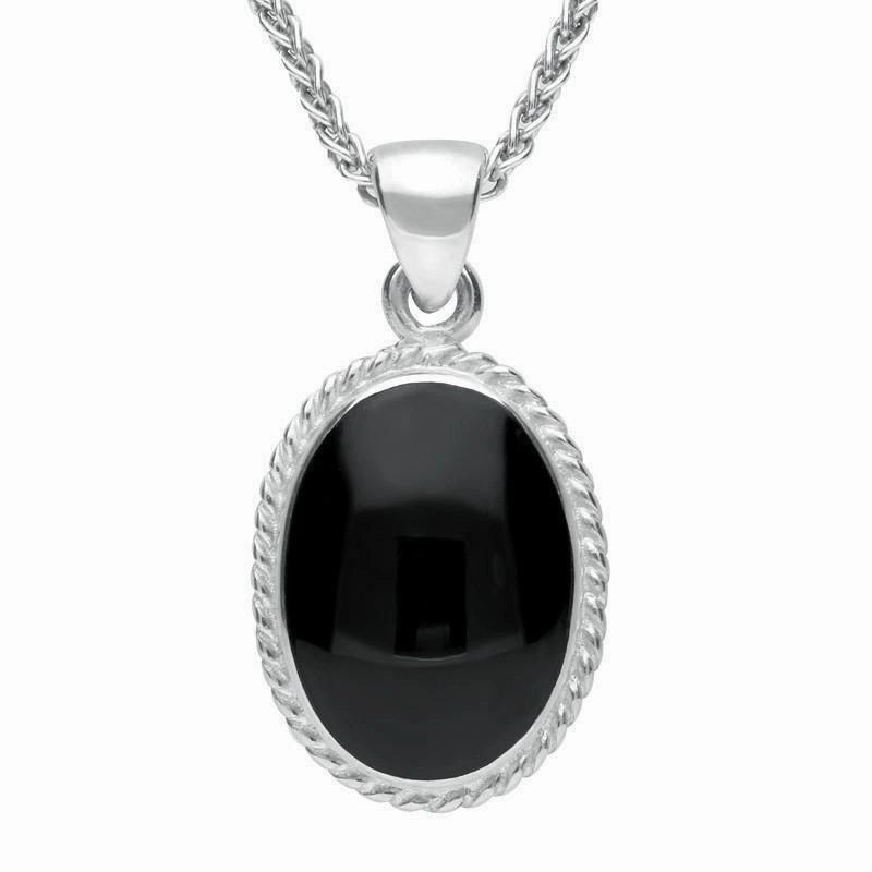 9ct White Gold Whitby Jet Heritage Rope Edge Medium Oval Pendant