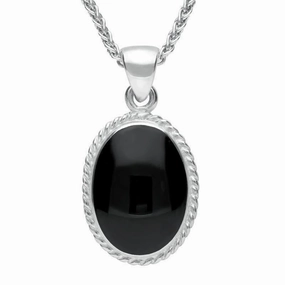 9ct White Gold Whitby Jet Heritage Rope Edge Medium Oval Pendant