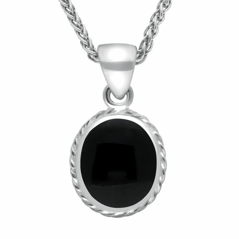 9ct White Gold Whitby Jet Heritage Rope Edge Oval Pendant