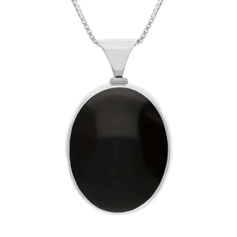 9ct White Gold Whitby Jet Lapis King's Coronation Hallmark Double Sided Oval Necklace D