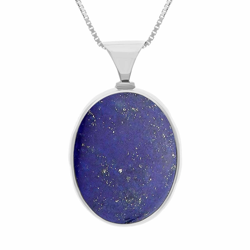 9ct White Gold Whitby Jet Lapis King's Coronation Hallmark Double Sided Oval Necklace D