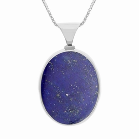 9ct White Gold Whitby Jet Lapis King's Coronation Hallmark Double Sided Oval Necklace D
