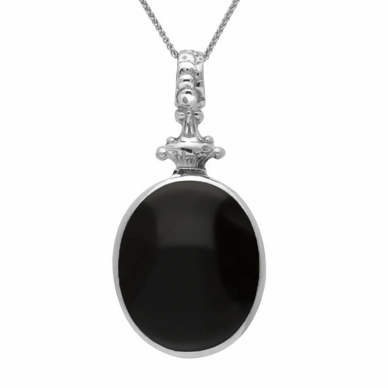 9ct White Gold Whitby Jet Lapis Lazuli Double Sided Oval Fob Necklace