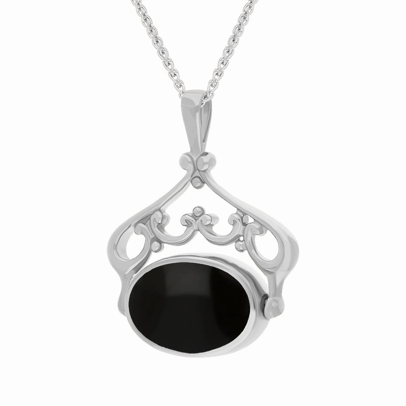 9ct White Gold Whitby Jet Lapis Lazuli Double Sided Oval Swivel Fob Necklace