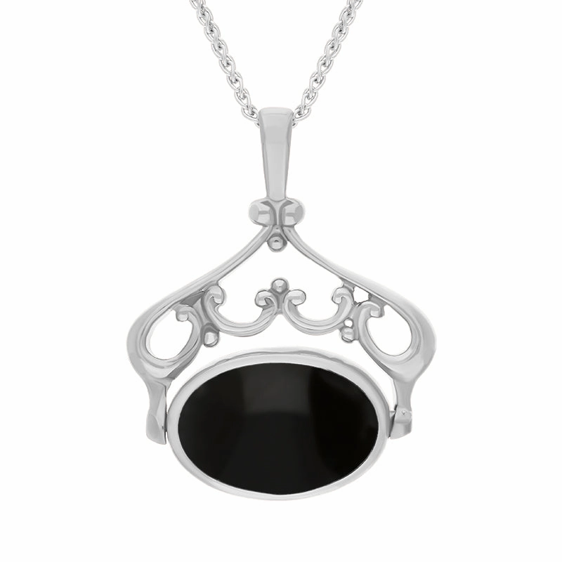 9ct White Gold Whitby Jet Lapis Lazuli Double Sided Oval Swivel Fob Necklace