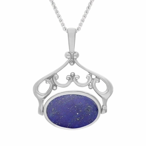 9ct White Gold Whitby Jet Lapis Lazuli Double Sided Oval Swivel Fob Necklace